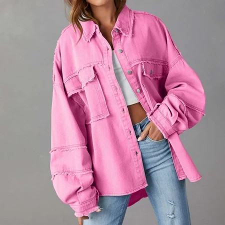 Fayshow0 Deals Up to 50% off Womens Jean Jackets Cheap $25. Or Less Women s Jean Jacket Frayed Washed Button Denim Jacket With Pockets Hot Pink M | Walmart (US)