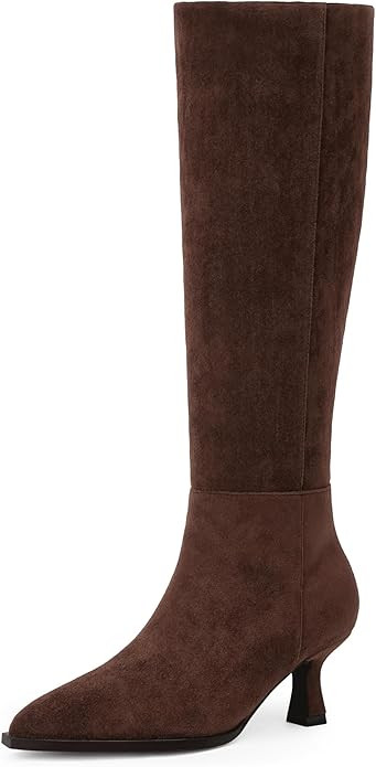 Modatope Knee High Boots Kitten Low Heel Faux Leather Pointed Toe Side Zipper Fall Long Tall Boot... | Amazon (US)