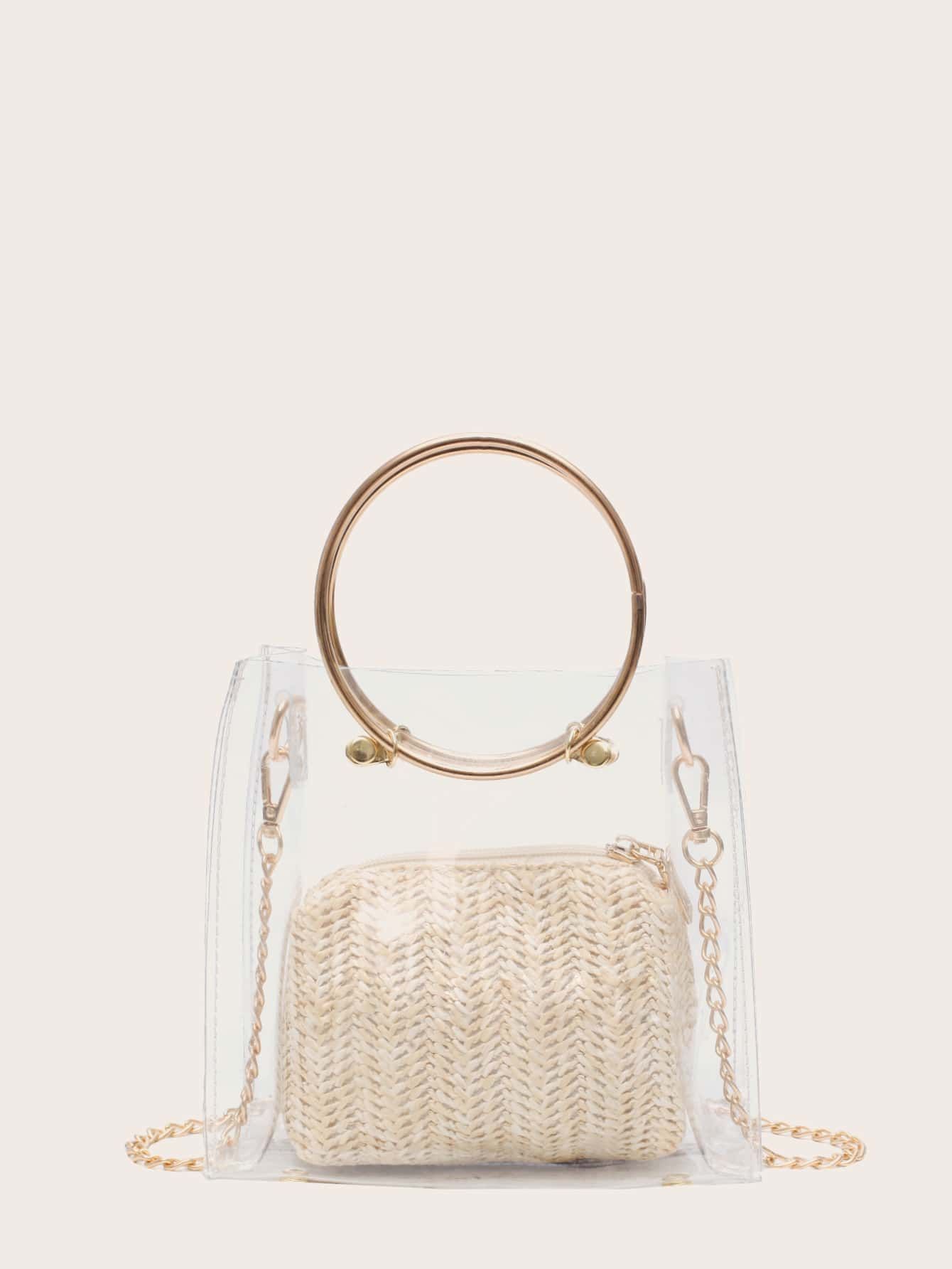 Clear Satchel Bag With Straw Inner Pouch | SHEIN