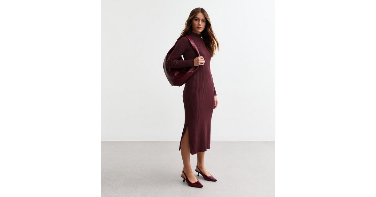 Petite Burgundy Rib Knit High Neck Midi Dress | New Look | New Look (UK)