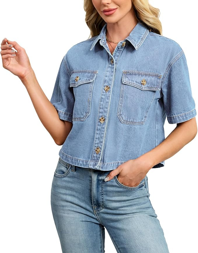 Kedera Womens Crop Denim Shirt Short Sleeve Button Down Short Jean Jacket Trendy Jean Tops Shacke... | Amazon (US)