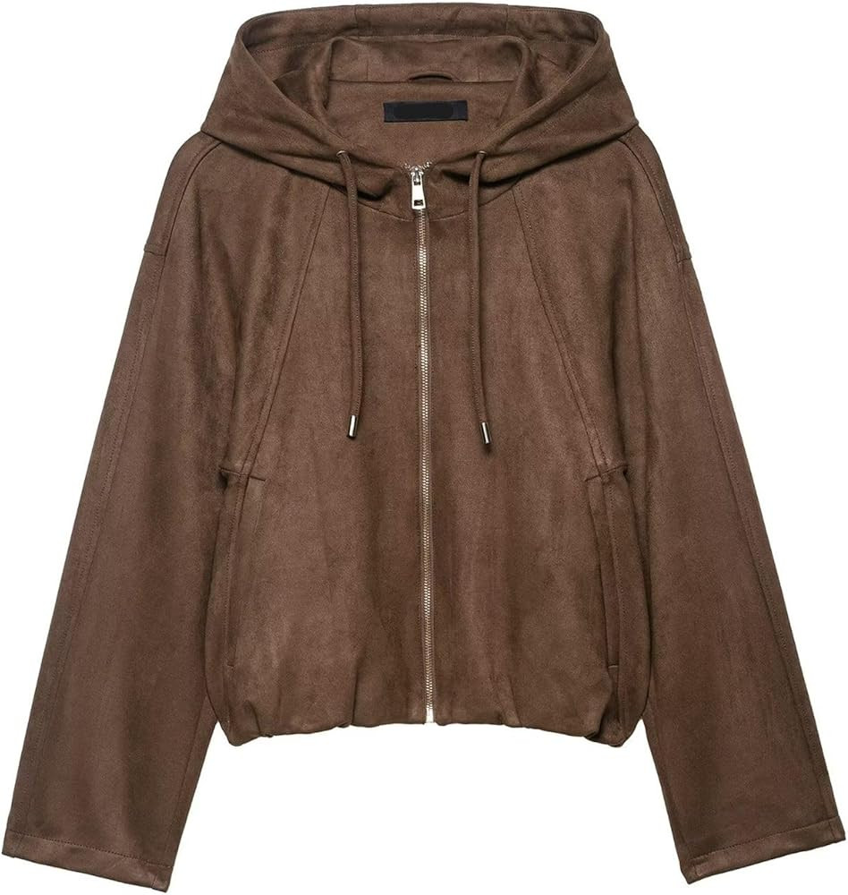 Xunger Women's Faux Suede Drawstring Hooded Jacket Bomber Casual Solid Color Zipper Outerwear wit... | Amazon (US)