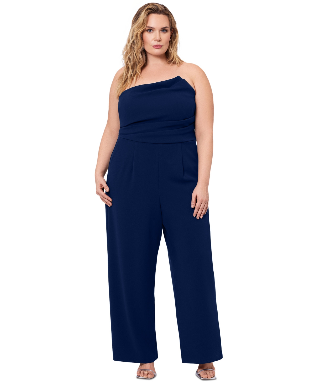 Betsy & Adam Plus Size Strapless Asymmetrical-Neck Jumpsuit - Navy | Macy's