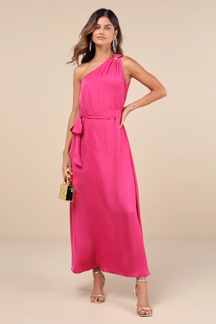Goddess Aura Fuchsia Satin One-Shoulder Maxi Dress | Lulus