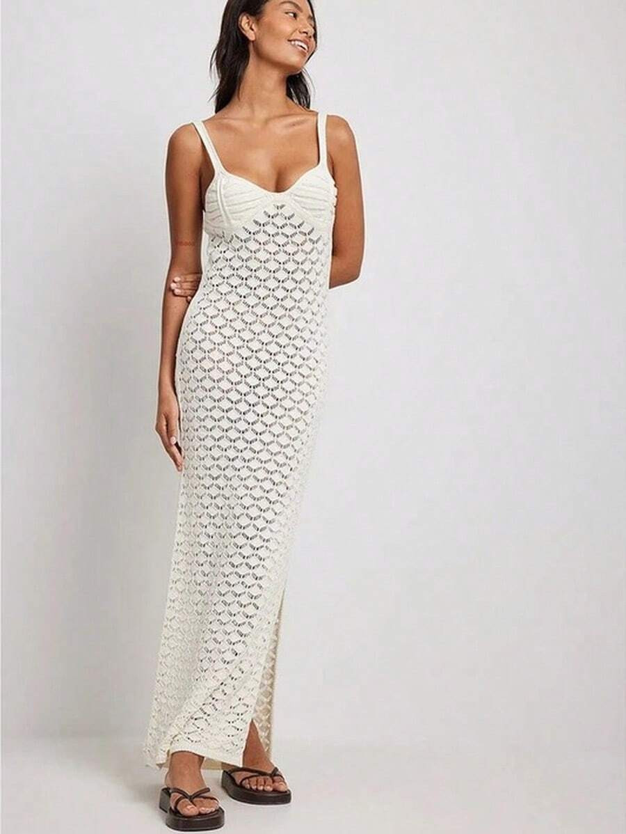 Women Crochet Knit Maxi Dress – Sleeveless Bodycon Style With Side Slit For Beachwear | SHEIN