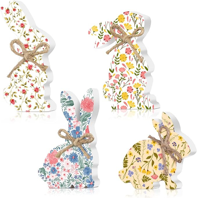 4 Pieces Easter Bunny Wood Decor Easter Natural Wood Signs Bunnies Shape Signs Rabbit Tabletop De... | Amazon (US)