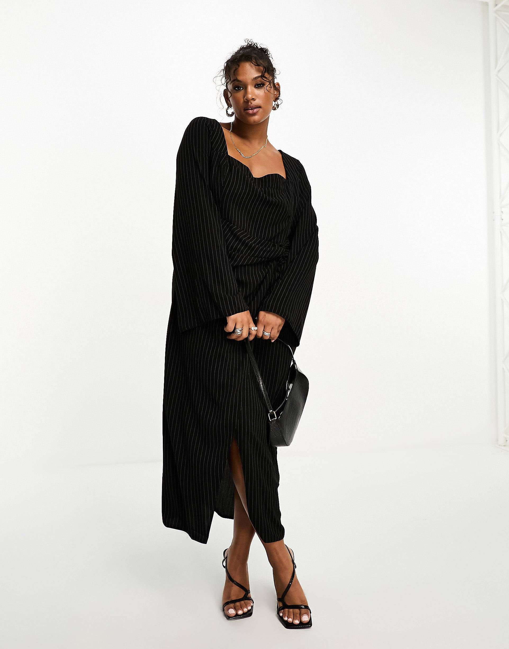 ASOS DESIGN Curve square neck fluted sleeve knot detail midi dress in pinstripe | ASOS (Global)