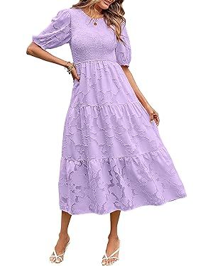 MEROKEETY Women's 2024 Summer Puff Sleeve Smocked Floral Dress Crewneck Lace Flowy Tiered Midi Dr... | Amazon (US)