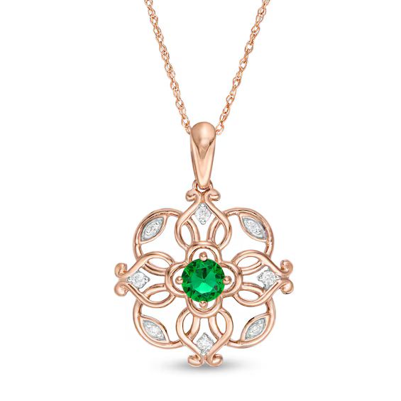 4.0mm Lab-Created Emerald and 1/20 CT. T.W. Diamond Filigree Clover Pendant in 10K Rose Gold | Zales