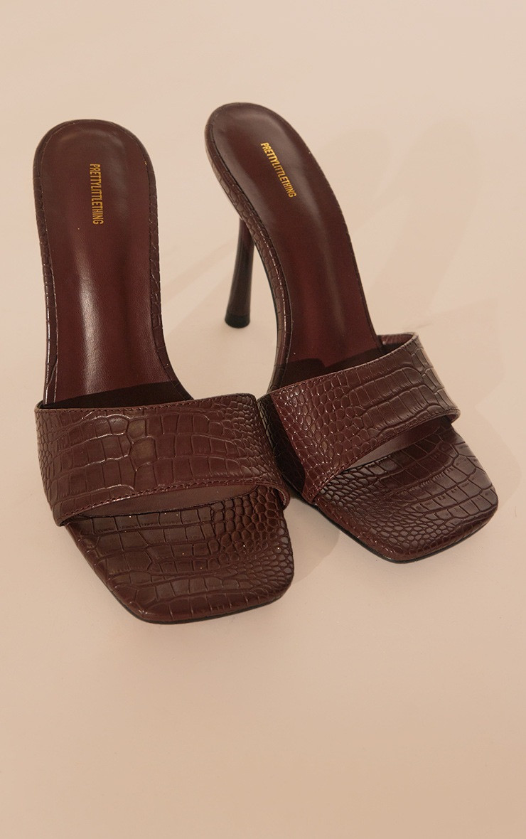 Chocolate Pu Croc Square Toe Heeled Mule Sandals | PrettyLittleThing UK