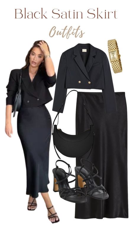 Black satin skirt date night outfit with cropped blazer and strappy sandals, cropped black blazer

#LTKfindsunder100 #LTKstyletip #LTKtravel
