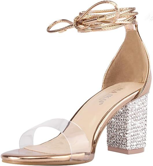 Women’s Gold High Heels Sandals with Rhinestone Ankle Strappy Clear Chunky Heels Dress Party Pu... | Amazon (US)