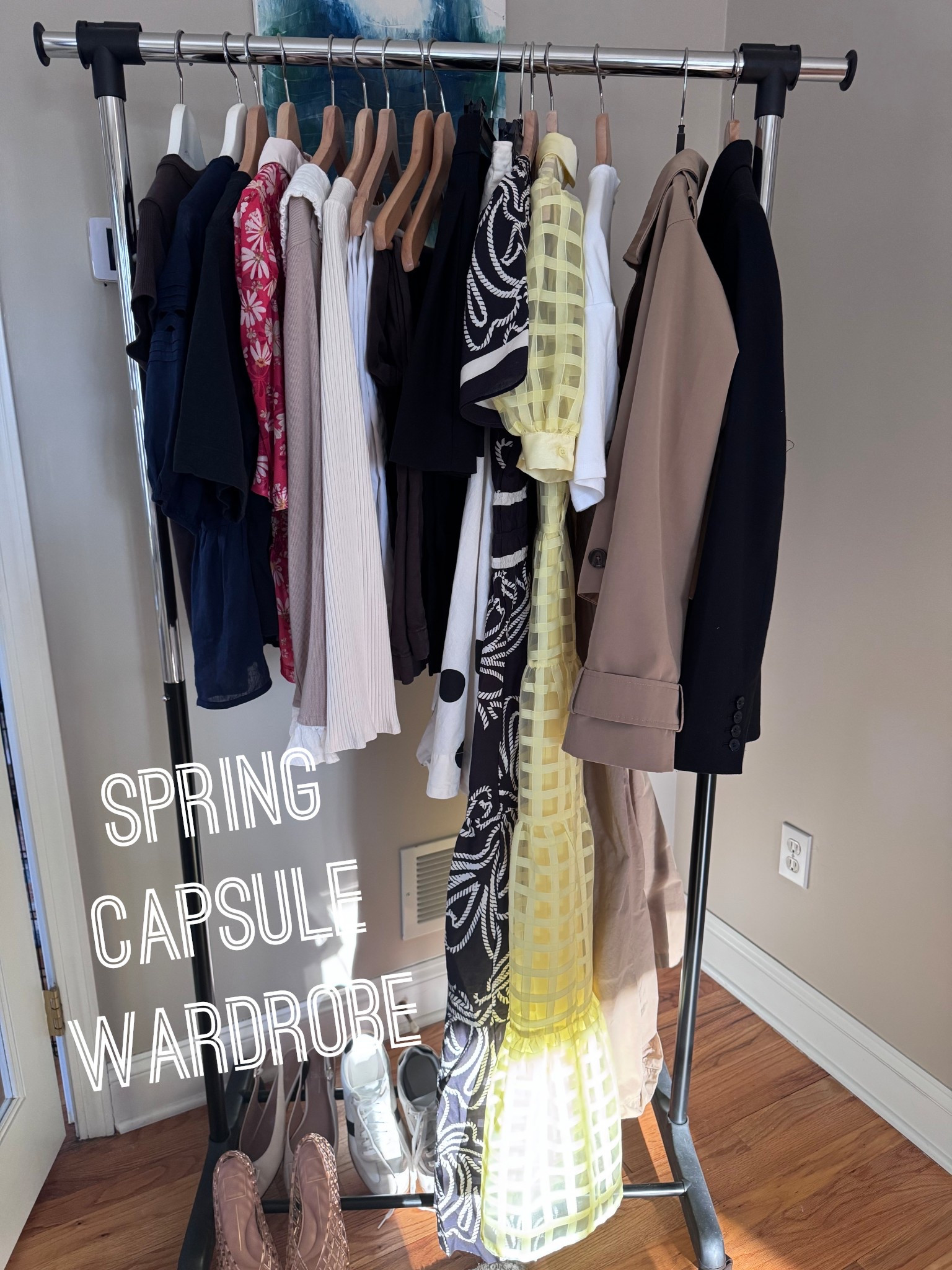 Spring capsule wardrobe: short sleeves in brown, navy and black. Floral short sleeve blouse. Long sleeves in khaki and ivory. Pants in white, brown and black (plus denim). Black mini skirt, printed midi skirt, printed maxi dress and solid maxi dress. Two tone midi dress. Cropped trench coat and black blazer. 

#LTKOver40 #LTKSpringSale #LTKSeasonal