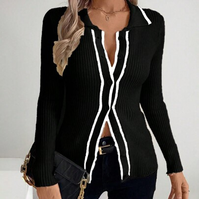 French Style Ribbed Knit Cardigan Sweater With Contrast Trim And Collar | SHEIN