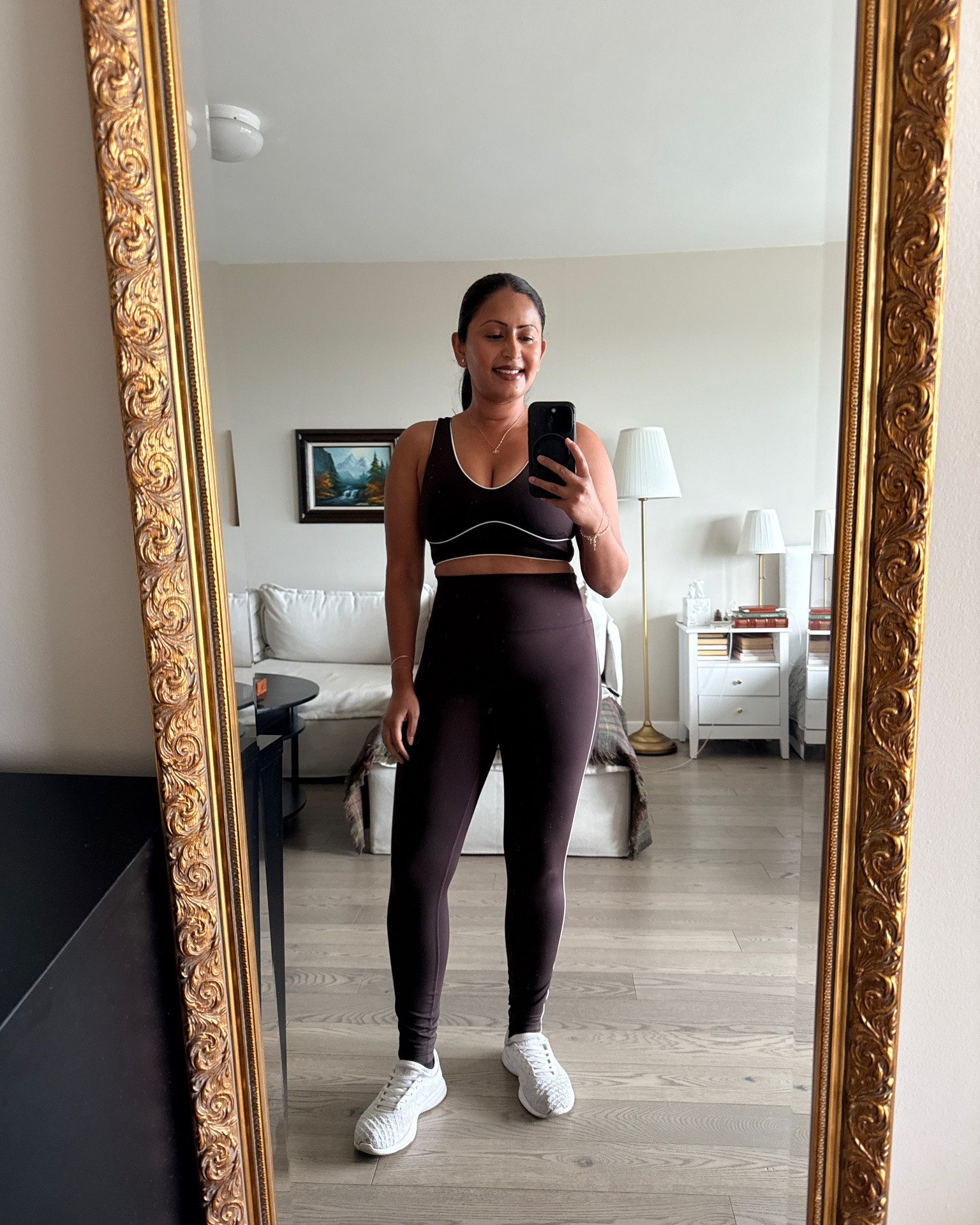 Brown Lily Silk workout set and matching brown tote from Longchamp, and cozy sweater from @abercrombie  for the gym 🤎

#LTKootd #LTKPetite #LTKActive