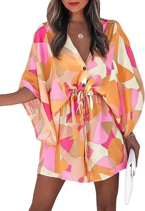 Women Print Drawstring 3/4 Sleeve V Neck Boho Dress Casual Sun Beach Mini Dress | Amazon (US)