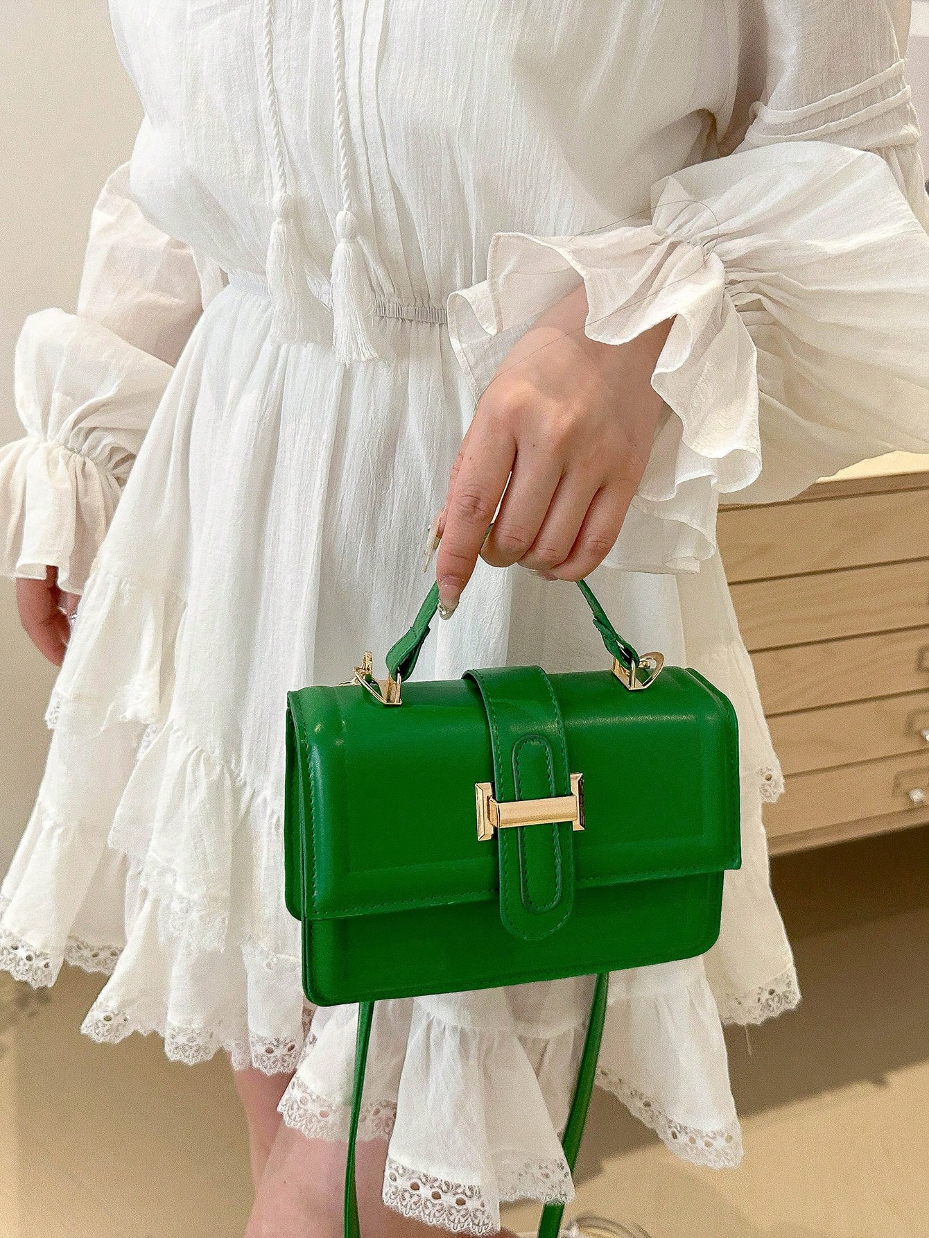Vintage Solid Color Minimalist Hardware Lock Buckle Square Shoulder Crossbody Bag With Mini Handb... | SHEIN