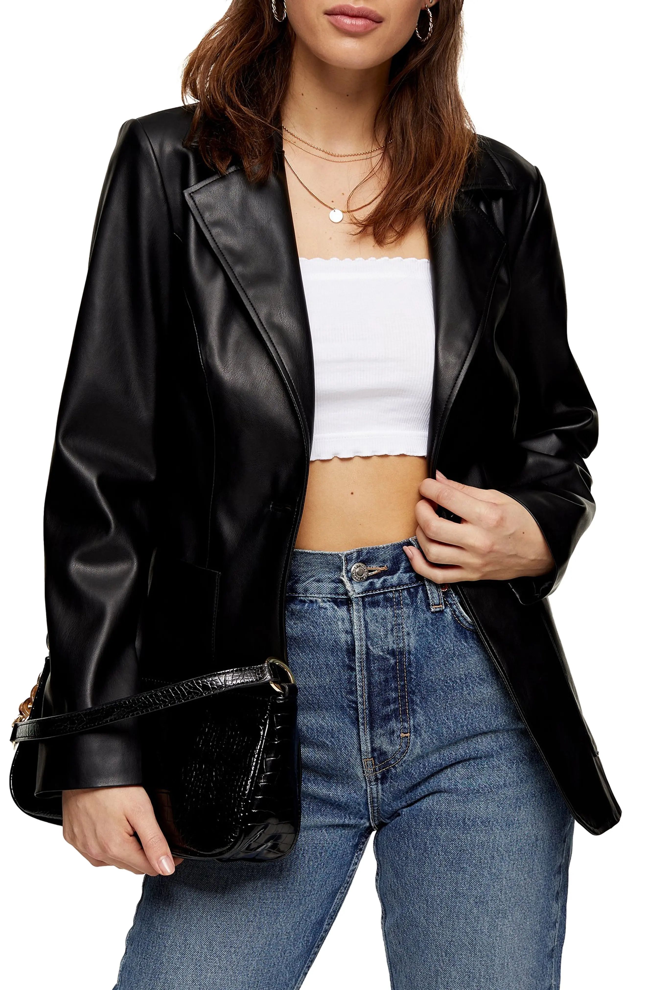 Petite Women's Topshop Faux Leather Blazer, Size Medium - Black | Nordstrom