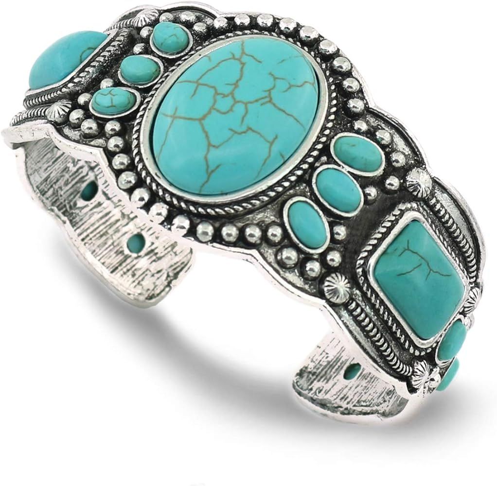 jianxi Women's Antique Rgentium Plated Base Heart Compressed Turquoise Bracelet Cuff Bangle Fashi... | Amazon (US)