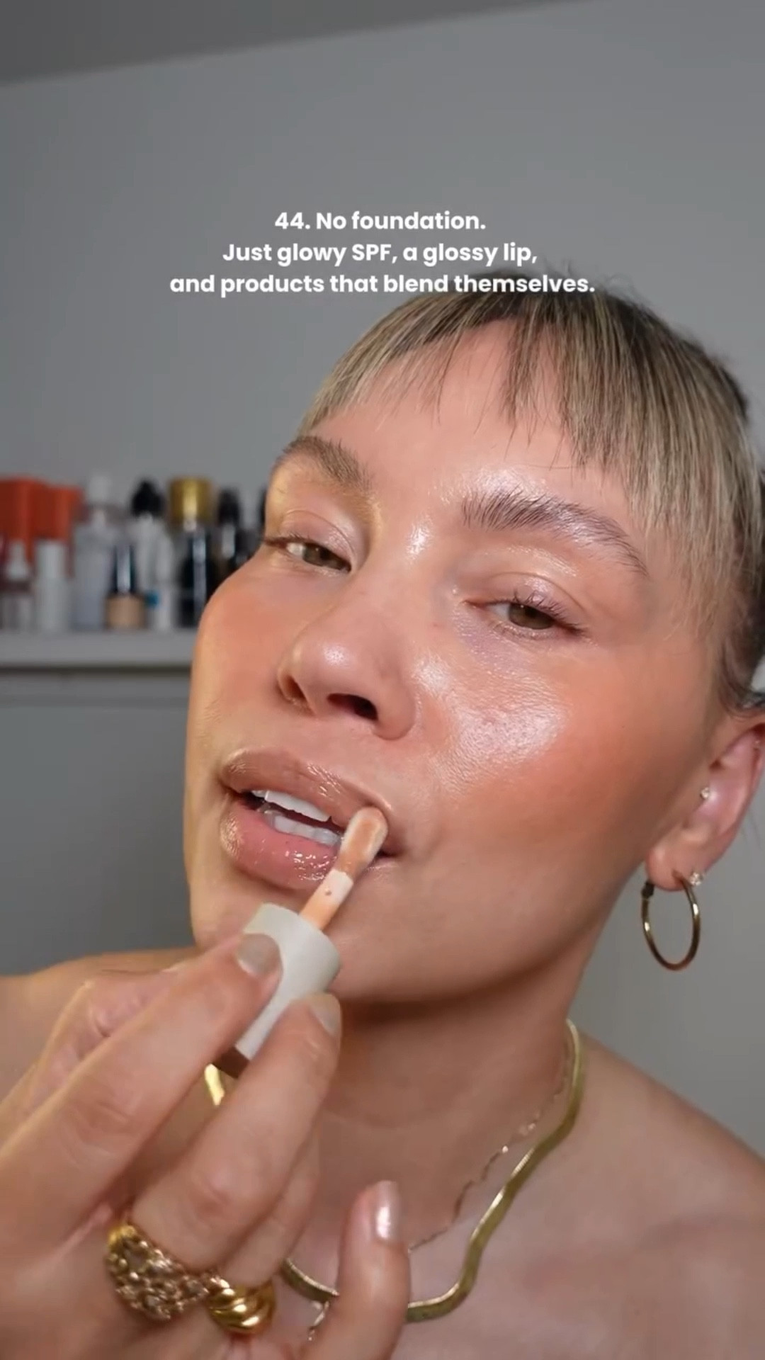 I’m 44.  I like glowing skin. I like makeup that doesn’t make me work for it. #lazygirlmakeup 

If this is your vibe too - here’s the breakdown:

🧴 **Step 1: Kosas DreamBeam SPF**

This is my base. Glowy, hydrating, and it makes my skin look alive without makeup.

🪄 **Step 2: Maxine’s Revenge French Face Concealer**

Blends like a dream and covers what needs covering.

🌞 **Step 3: NARS Laguna Cream Bronzer**

 Easiest bronzer ever. Controversial take - I might like this better than the MBM 🫣

🌸 **Step 4: MAC Glow Play Blush in Beach Please**

She’s bouncy. She’s blurring. She’s perfect.

💋 **Step 5: Karuna Tinted Lip Oil in Soar**

Glossy, hydrating, nourishing. 

🪞 **Step 6: Benefit 24-Hr Brow Setter**

Brow gel that’s strong without the white gunk residue. Makes me feel put together, even when I’m not.

That’s it. No foundation, no stress. Just lazy girl glow in under 5 minutes.

#makeupover40 #beautyover40