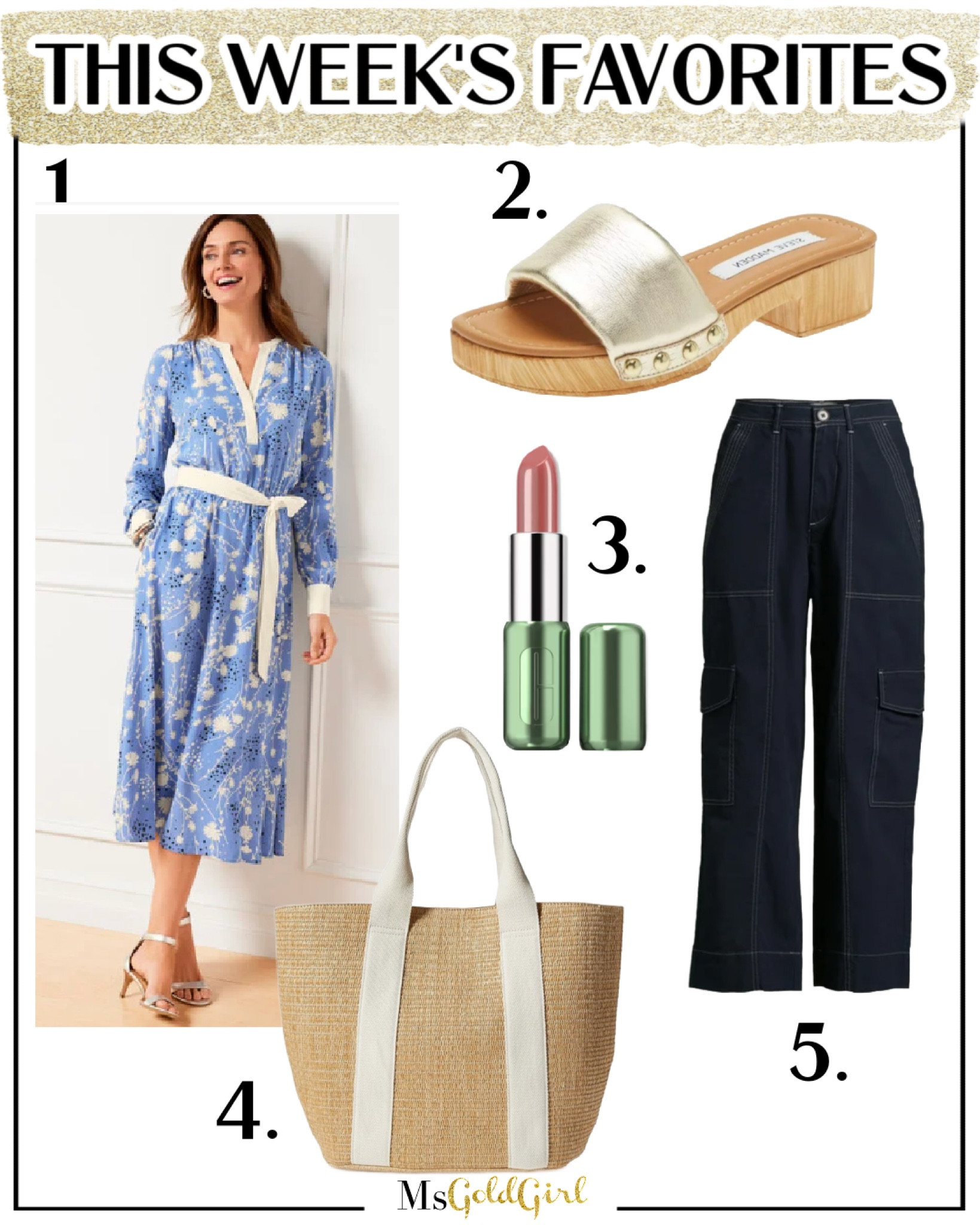 March 8, 2024 favorites:

1. This floral dress is going to get so much wear this spring-and it’s 30% off this weekend!
I have it in an XS and it also comes in a petite length!

2. “Flats” are in and I’m loving this shorter heel height on these soft gold clogs.

3. My current lip obsession is the gorgeous shade of nude pink-Blush Pop!

4. This looks almost identical to the Chloe straw bag, except it doesn’t have a leather bottom on the outside and it’s under $40 instead of almost $900. It’s fully lined, closes with a magnetic snap, metal feet on the bottom and has a zipper pocket inside too. Also comes in other colors!

5. These cotton cargo pants work well for business casual days or just running around doing the daily errands. Also come in olive green. I have them in an XS. Love the slightly shorter inseam length so they hit me at the ankle.

#weeklyfavorites #springdress #weddingguestdress #totebag #fashionover40 #fashionover50 #beautyfavorites #amazonfinds 

#LTKfindsunder50 #LTKshoecrush #LTKover40