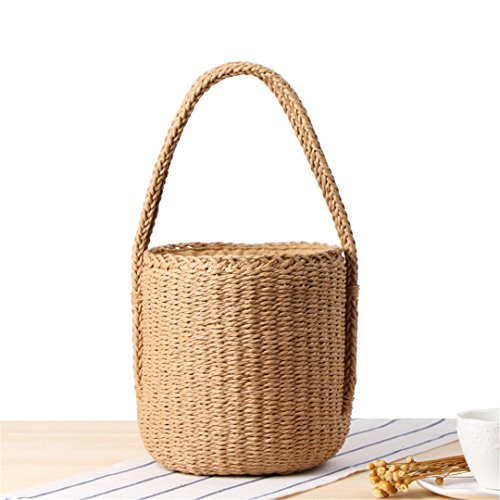 Paper Rope Woven Bag Solid Color Cylinder Hand Carrying Bucket Beach Bag | Amazon (US)