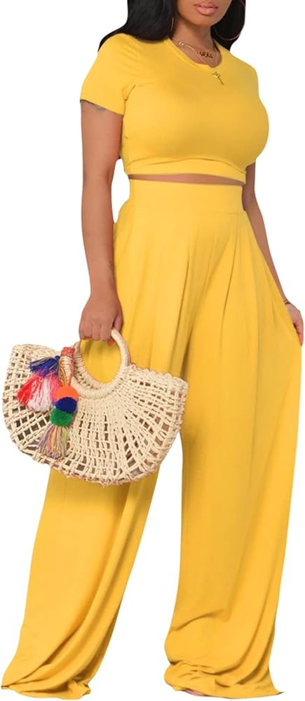Women's Casual Summer 2 Piece Outfits Short Sleeve Crop Top Wide Leg Pants Set Jumpsuits | Amazon (US)