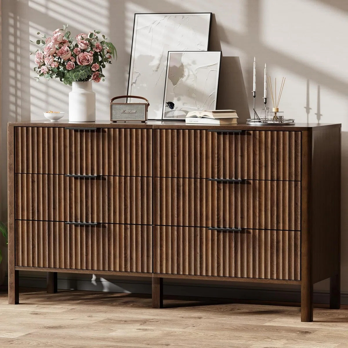 55" Wide Fluted 6 Drawer Dresser For Bedroom, Wooden Dresser Modern Chest Of Drawers TV Stand Dre... | Wayfair North America
