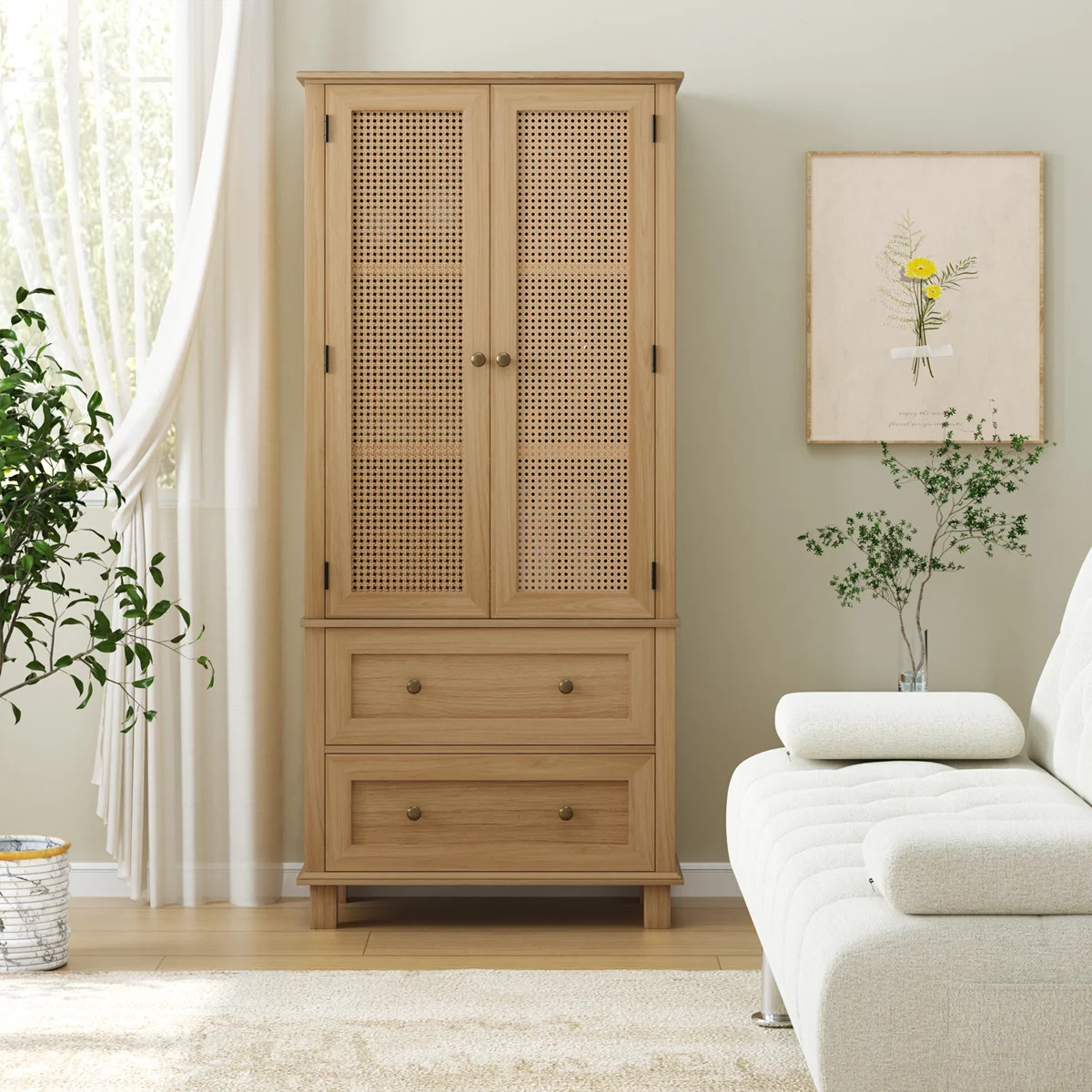 Wooden Accent Cabinets with Cabinet and 2 Drawers, Tall Rectangle Locker With Faux Rattan And Fau... | Wayfair North America