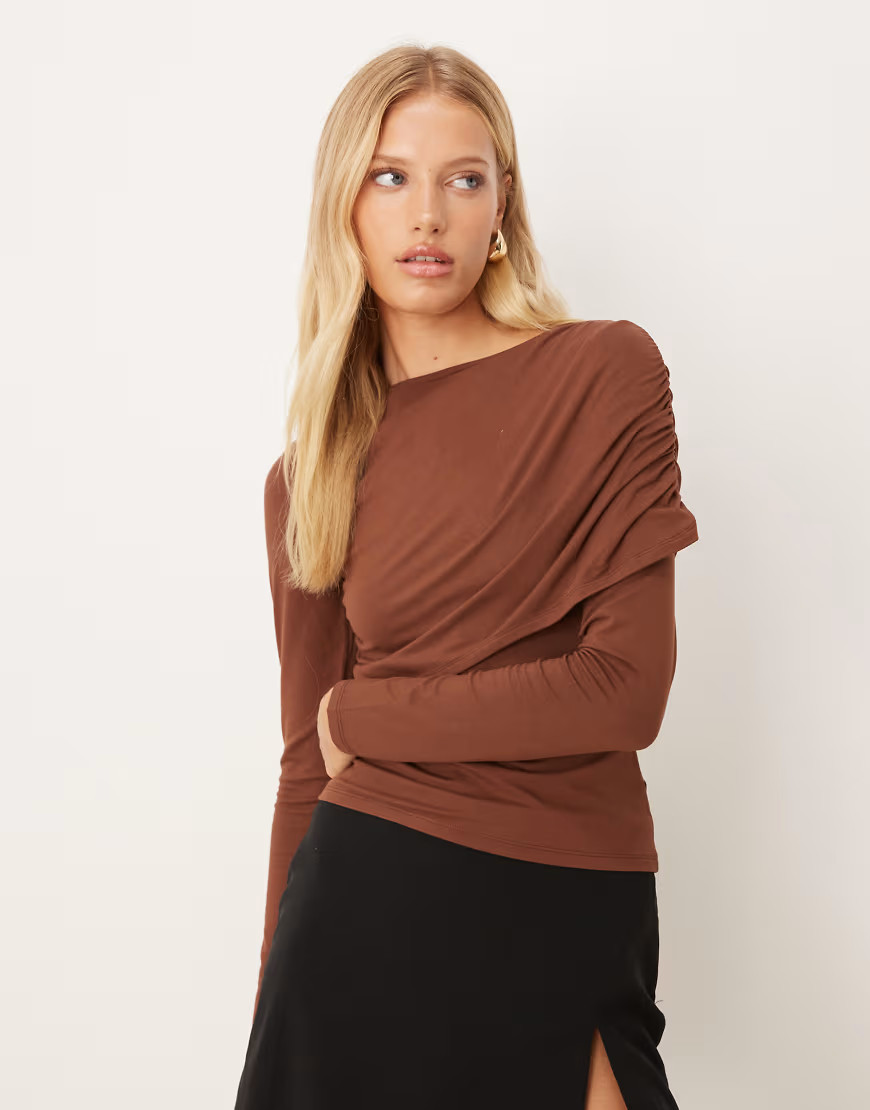 ASOS DESIGN draped long sleeve top in brown | ASOS (Global)