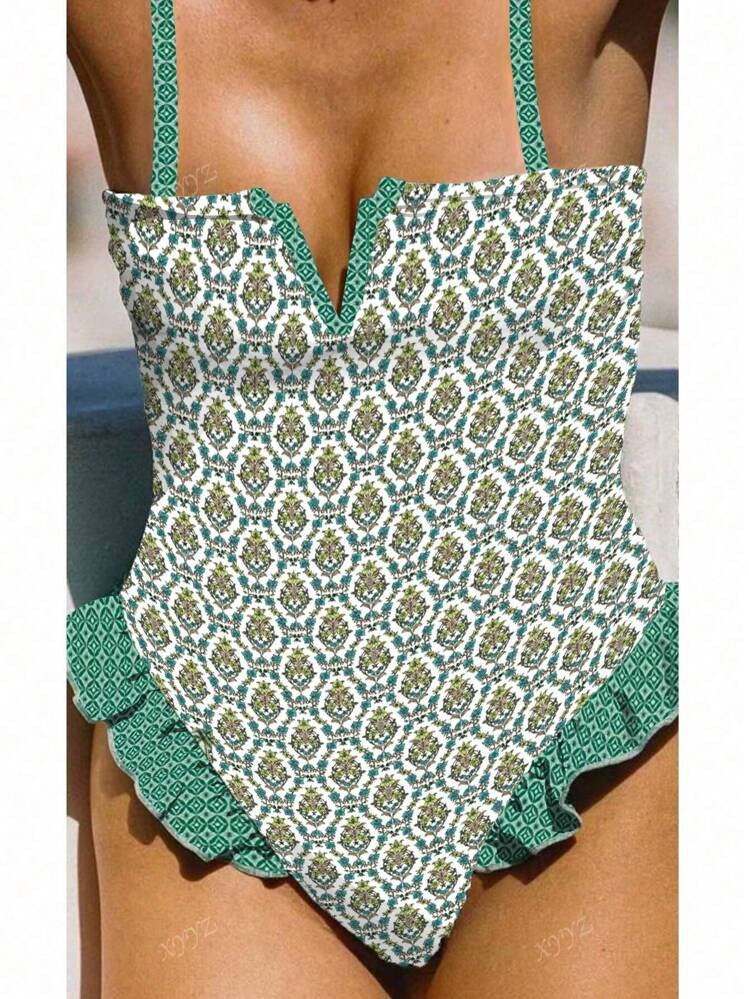 2025 New Coconut Tree Continuous Pattern Colorblock Flounce Trim Fashionable One-Piece Bikini | SHEIN