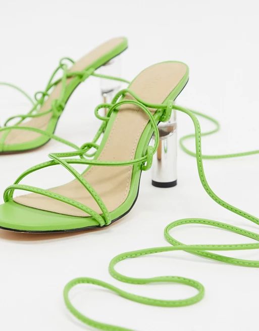 Truffle Collection tie leg heeled sandals with clear heel in lime | ASOS (Global)