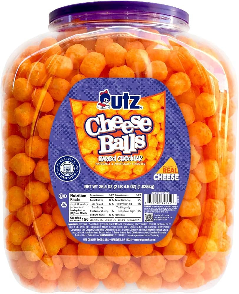 Utz Cheese Balls Barrel, Tasty Snack Baked with Real Cheddar Cheese, Delightfully Poppable Party ... | Amazon (US)