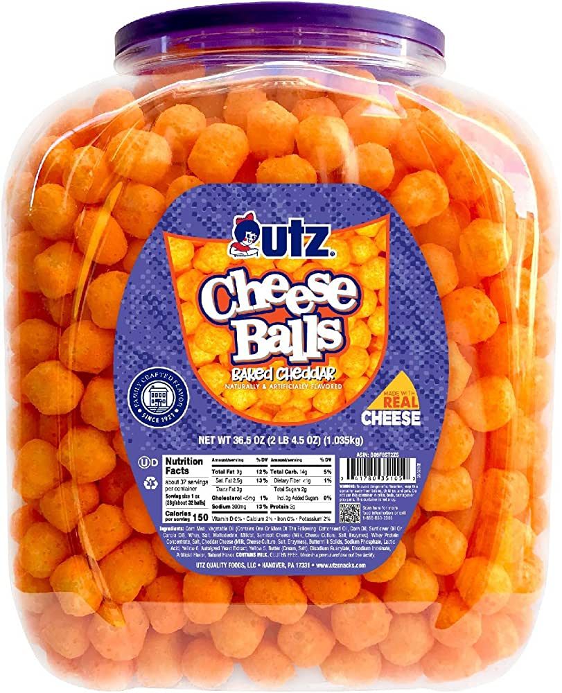 Utz Cheese Balls Barrel, Tasty Snack Baked with Real Cheddar Cheese, Delightfully Poppable Party ... | Amazon (US)