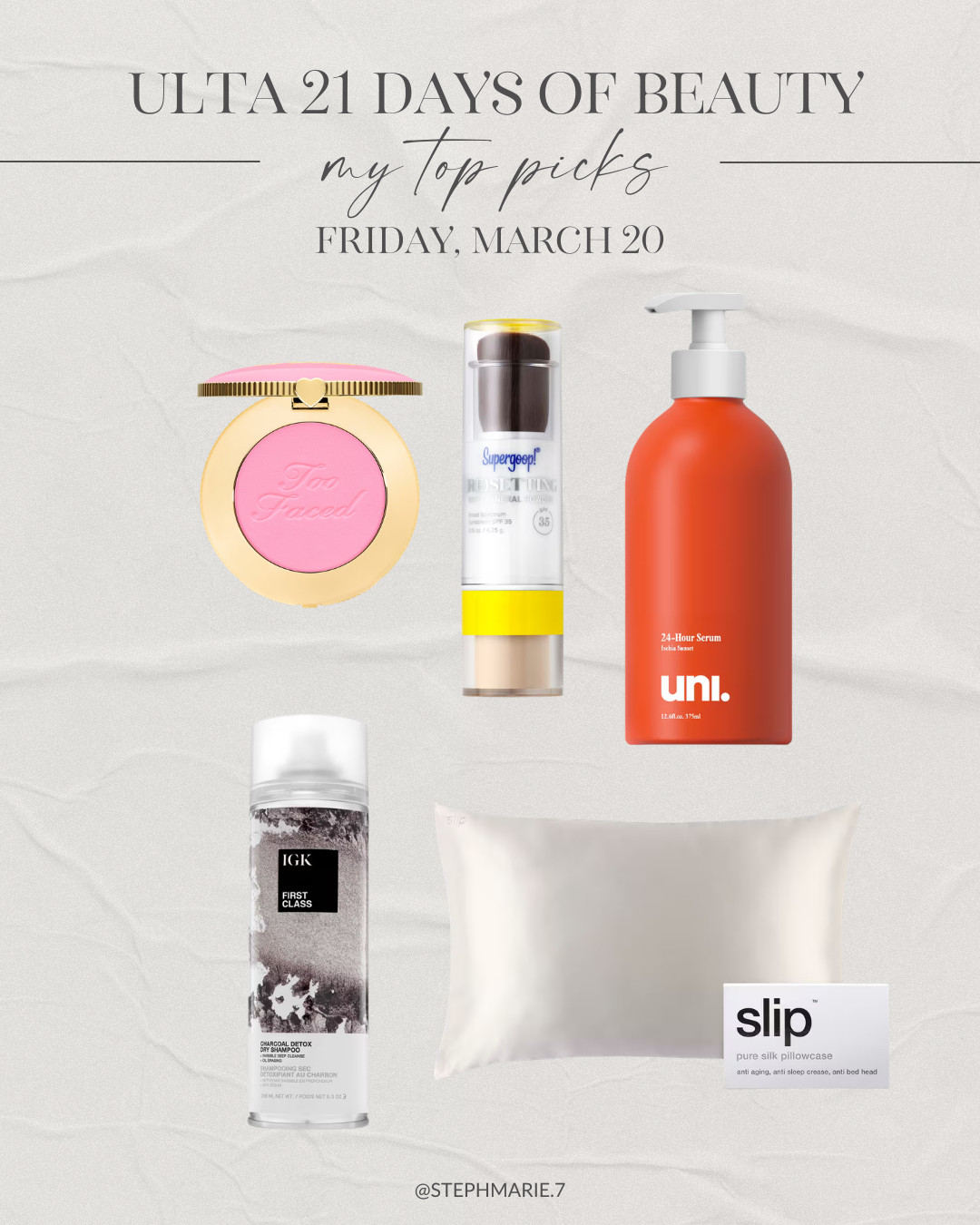 ULTA 21 DAYS OF BEAUTY ✨

Today's top picks include makeup, hair, and body favorites! This powder SPF is great for reapplying sunscreen on the go while also reducing shine, a favorite body serum and dry shampoo, and the silk pillowcase I can't live without!  

 #LTKSaleAlert #LTKBeauty