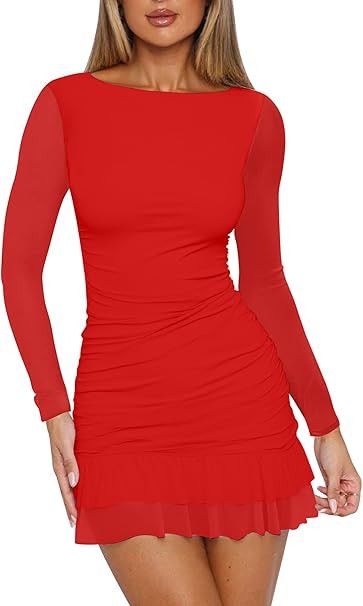 HOCILLE Women's Sexy Bodycon Boat Neck Mini Dresses Mesh Long Sleeve Ruched Ruffle Hem Club Party... | Amazon (US)
