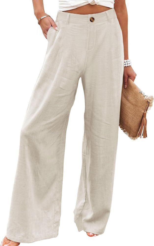 Hooever Womens Cotton Linen Pants Casual Button Up High Waisted Wide Leg Trousers | Amazon (US)