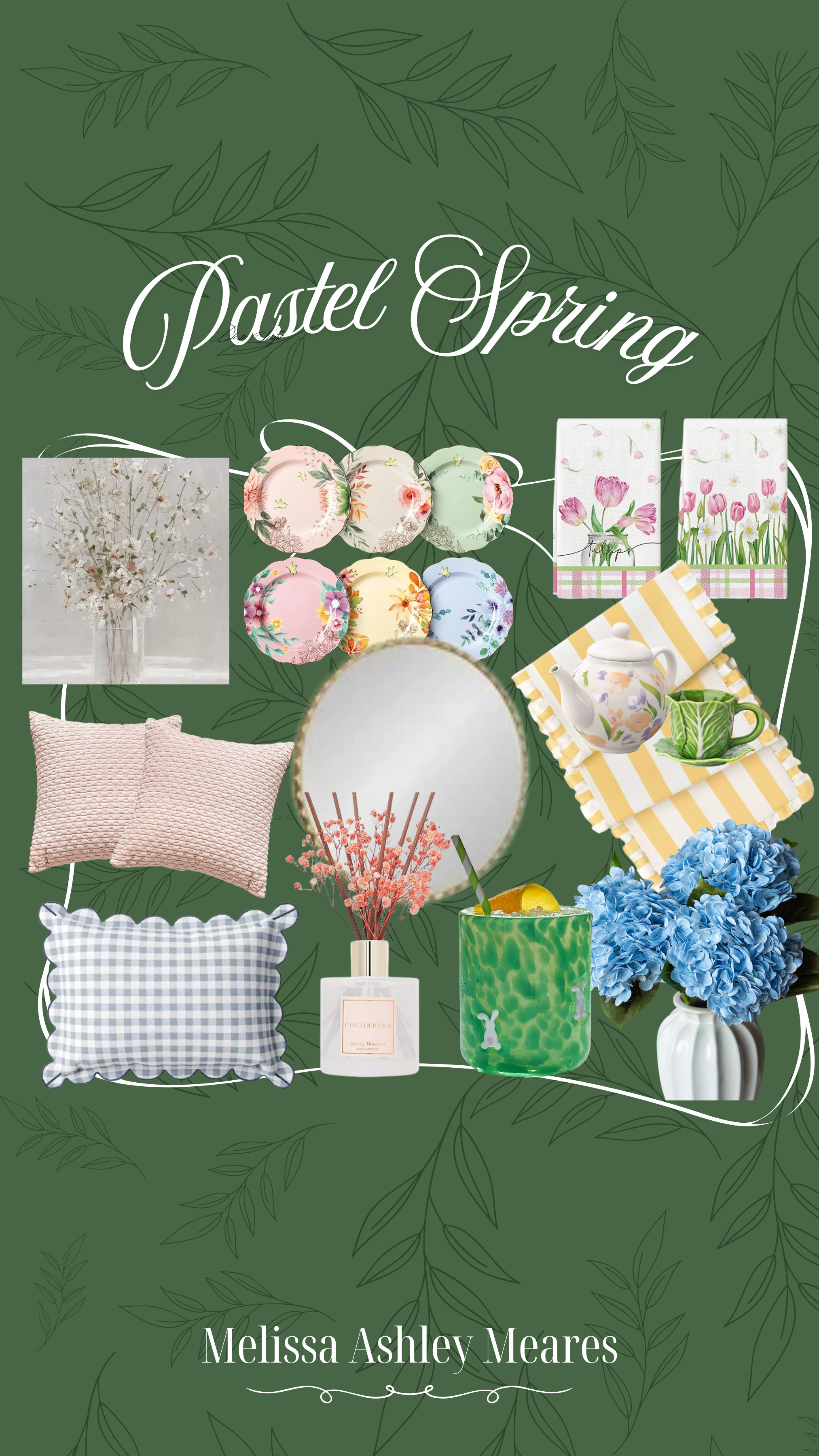 Some spring decor in light pastel shades to get you psyched for spring! pillows, flowers, table runner, kitchen towels, plates, hydrangea, round mirror, tea pot, cabbage tea cup, reed diffuser 

 #LTKSeasonal #LTKHome #LTKFindsUnder50