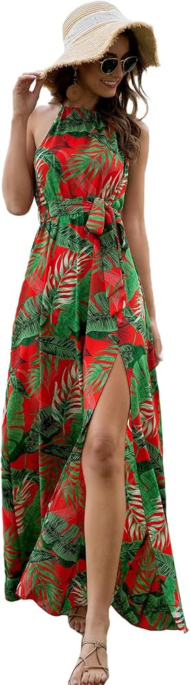 Floerns Women's Summer Tropical Floral Print Halter Neck Split Maxi Dress Green Red Multi L | Amazon (US)