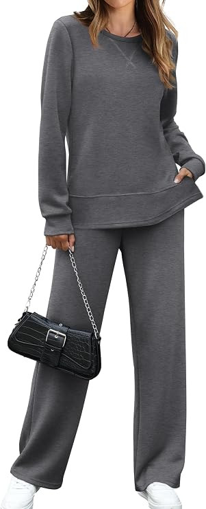 OFEEFAN Women's 2 Piece Lounge Set Travel Airport Outfits Side Slit Tracksuit Wide Leg Loungewear... | Amazon (US)