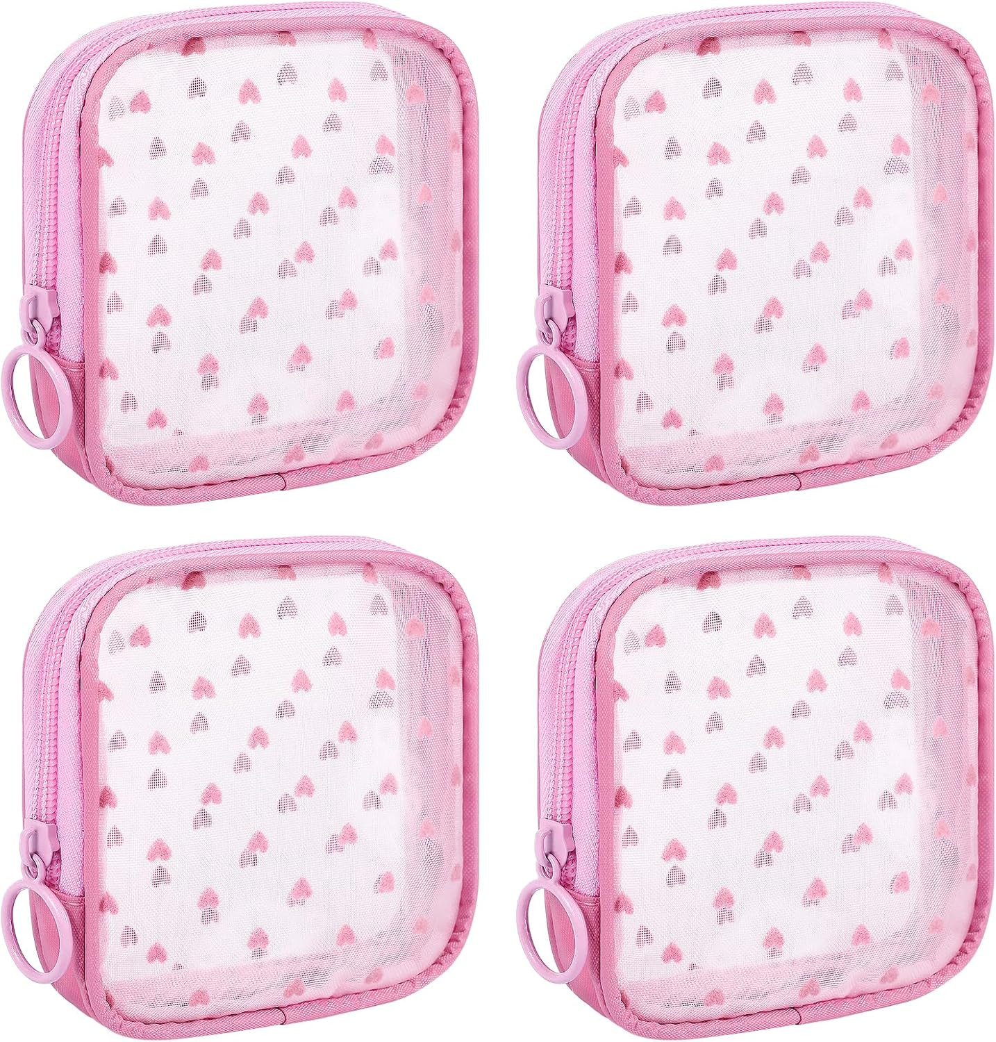 4 Pieces Mini Zipper Nylon Mesh Pouch, Mesh Cosmetic Bags Makeup Bags, Multipurpose Travel Toiletry Bags for Office Supplies and Travel Accessories (Heart Print-Pink, S) | Amazon (US)