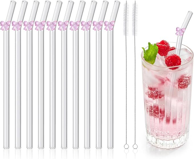 10 Pcs Reusable Pink Bow Glass Straws,9''x10 mm Bent Cute Glass Straws Shatter Resistant with Cha... | Amazon (US)