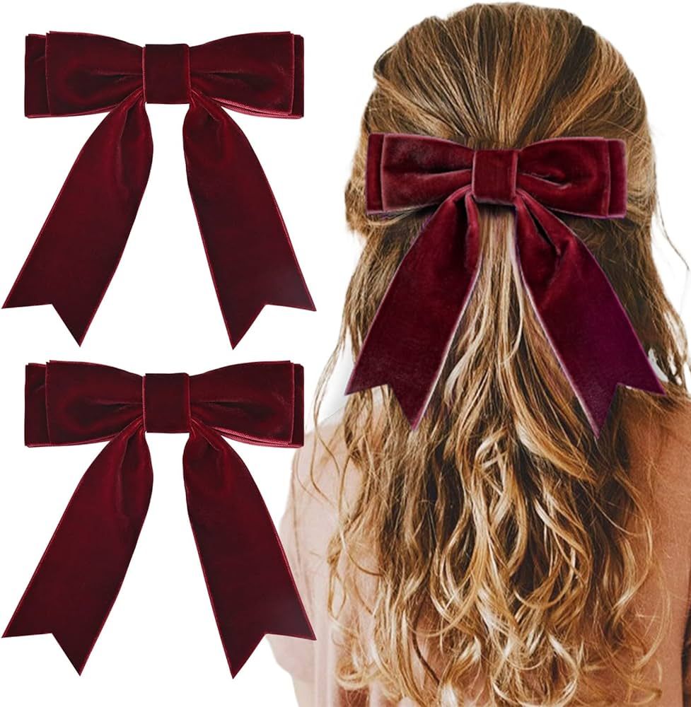 2PCS 5" Velvet Red Wine Hair Bows Girls Hair Clips Ponytail Holder Accessories for Women Girls To... | Amazon (US)