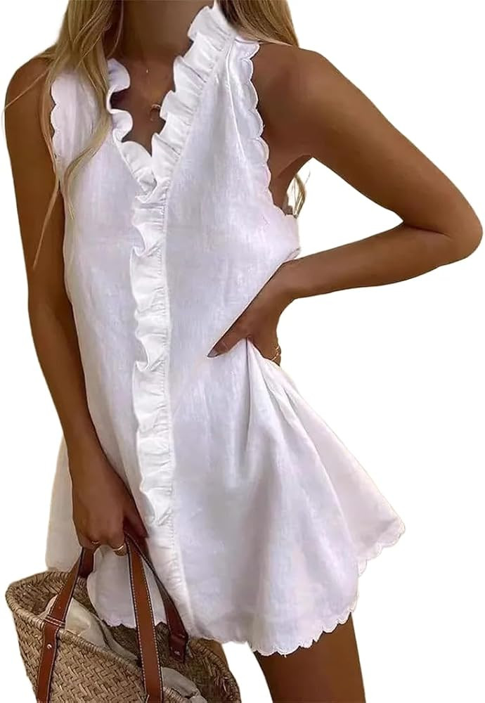 Akivide Women's Summer Ruffle Lace Cotton Linen Mini Dress Cute Casual Sleeveless V-Neck Beach Va... | Amazon (US)