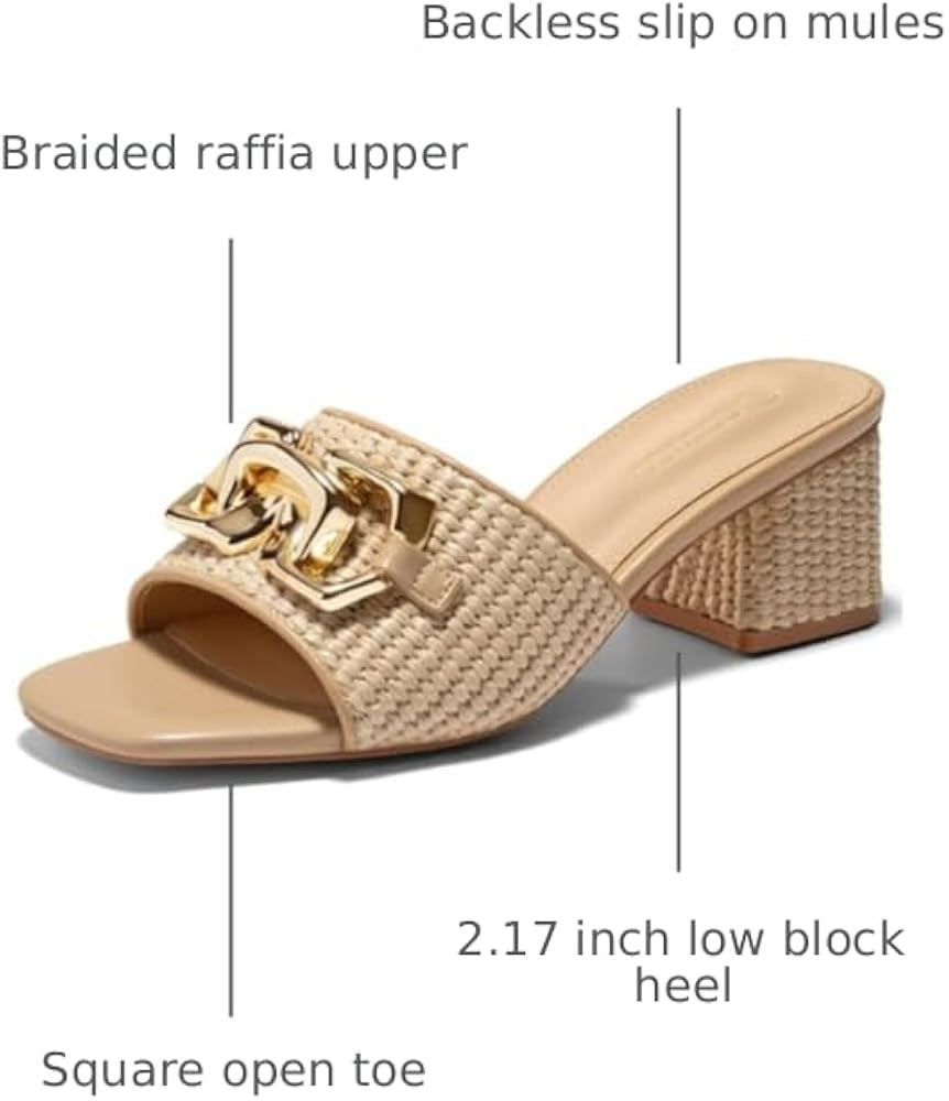 Coutgo Womens Raffia Slide Sandals Chunky Block Heeled Square Open Toe Metal Chain Slip on Mules ... | Amazon (US)