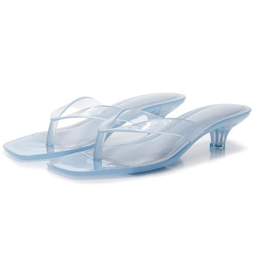 TMSNGLSMI Womens Jelly Clear Low Heeled Thong Sandals Comfort Slip On Square Toe Transparent Kitten Heel Flip Flops Summer Beach Vacation Travel Casual Daily Slides (Blue,8.5) | Amazon (US)
