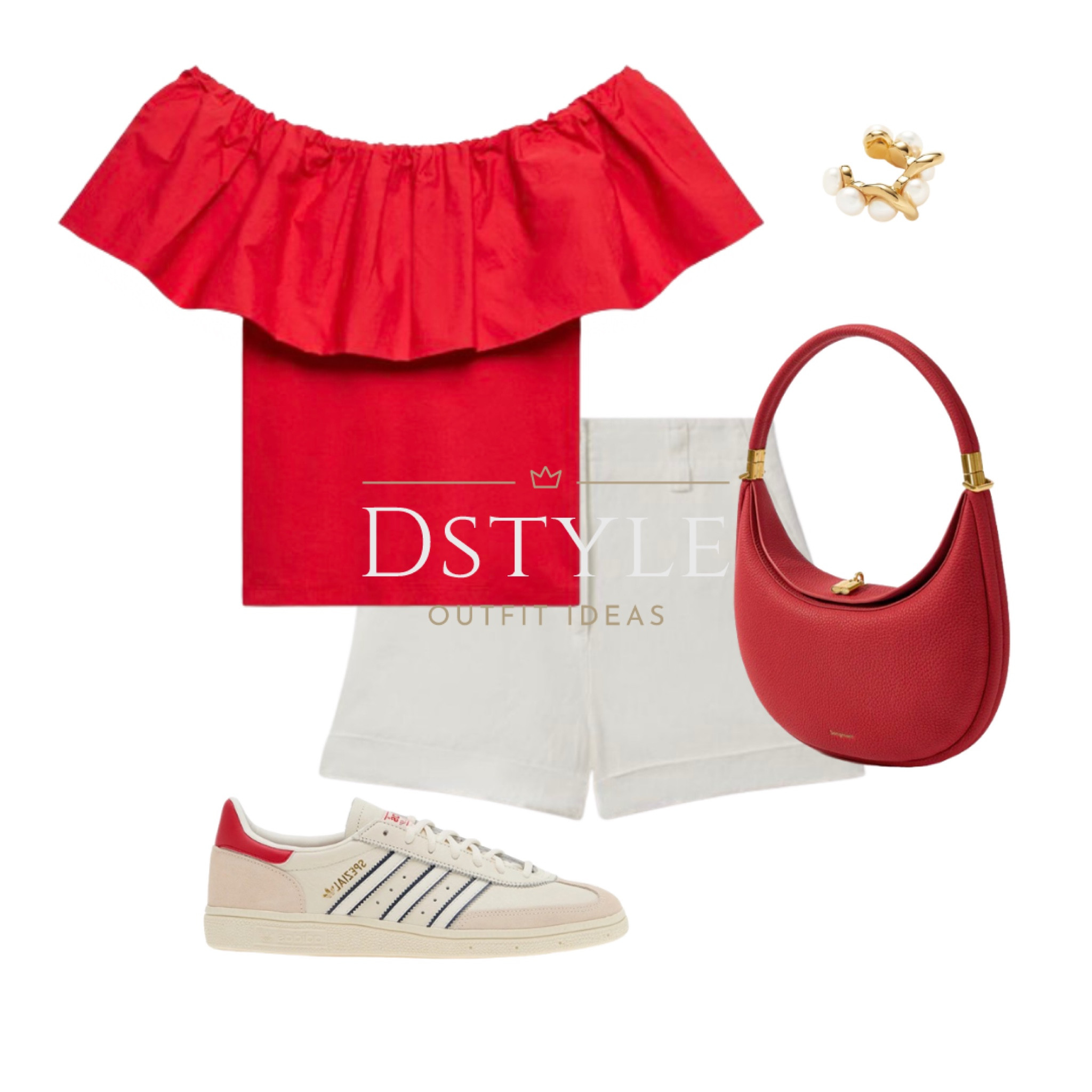 Red top - on Sale now, white linen shorts, red Lina bag, Adidas Spezial with red accent, summer outfit, chic look, summer style