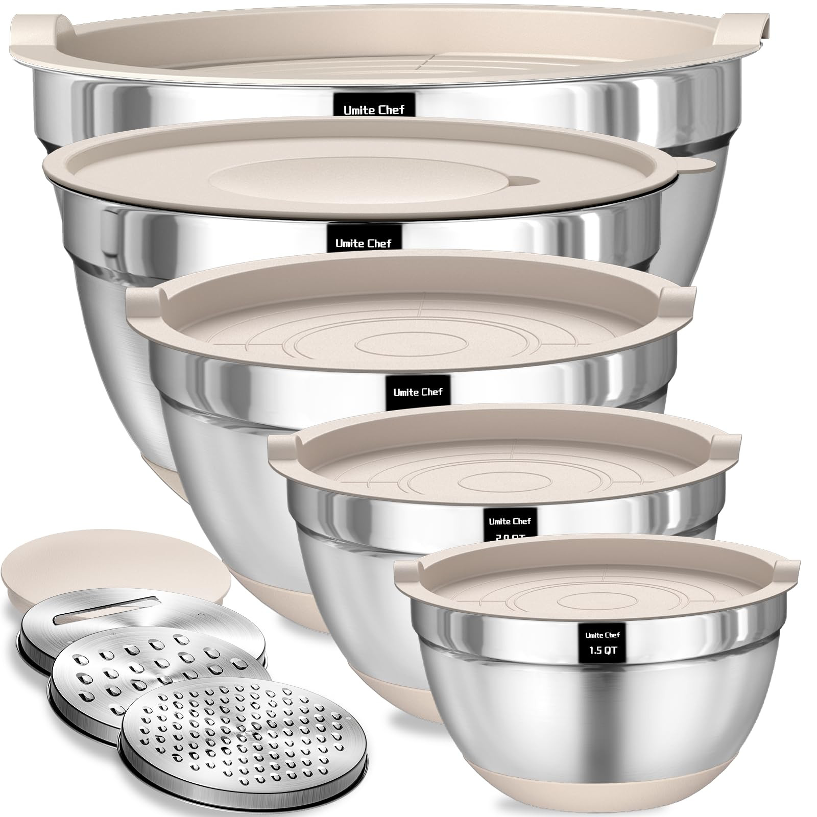 Umite Chef Mixing Bowls with Airtight Lids Set, 8PCS Stainless Steel Khaki Nesting Bowls with Gra... | Amazon (US)