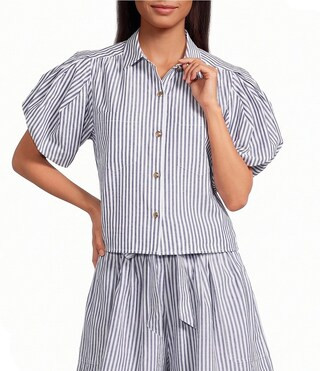 A Loves A Striped Collared Button Front Short Puff Sleeve Cropped Coordinating Shirt | Dillard's | Dillard's