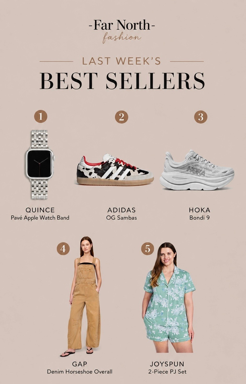 Last week’s best sellers:
1 Quince Apple Watch band
2. Adidas OG Sambas
3. Hoka Bondi 9
4. Joyspun pjs
5. GAP overalls

#LTKOver40 #LTKSaleAlert #LTKMidsize